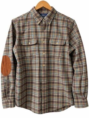 Ralph Lauren Men's Brown Plaid Button-Down Shirt with Elbow Patch